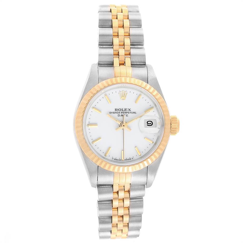 This image displays a Rolex Datejust 69173 Women's Stainless Steel White Dial 69173 Women's Stainless Steel White Dial watch from a top-down view, showcasing the face, bezel, and bracelet.