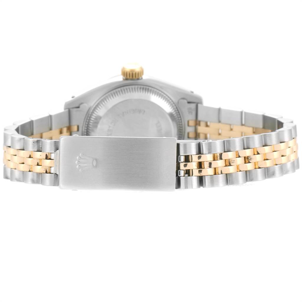 The image shows the back case and bracelet clasp of a Rolex Datejust 69173 Women's Stainless Steel White Dial 69173 Women's Stainless Steel White Dial watch, showcasing its Jubilee bracelet.