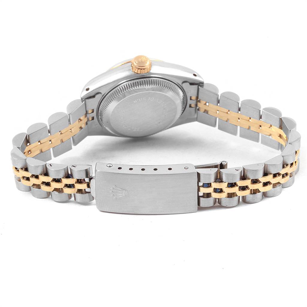 This image shows the back, clasp, and bracelet of a Rolex Datejust 69173 Women's Stainless Steel Champagne Dial 69173 Women's Stainless Steel Champagne Dial watch, with the gold and steel two-tone design.
