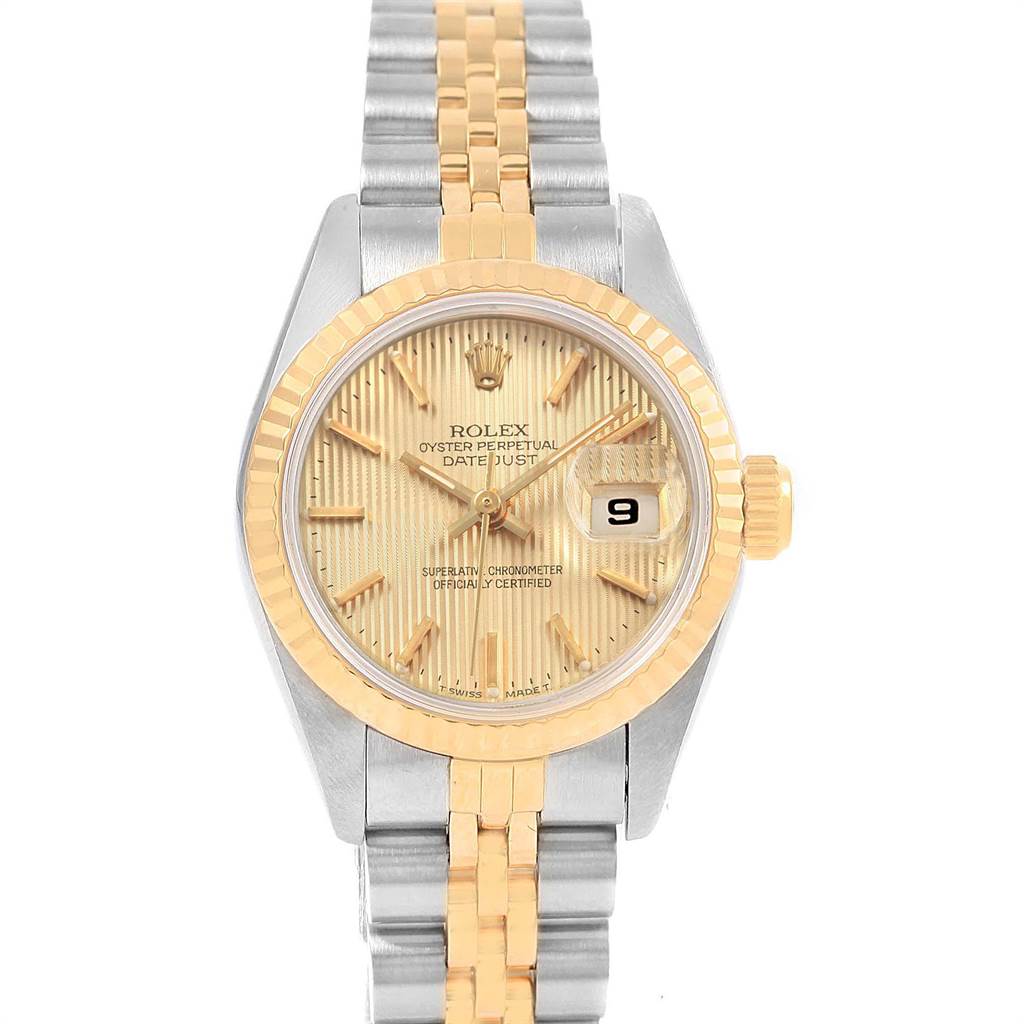 The image shows a front view of a Rolex Datejust 69173 Women's Stainless Steel Champagne Dial 69173 Women's Stainless Steel Champagne Dial watch displaying the dial, bezel, and bracelet.