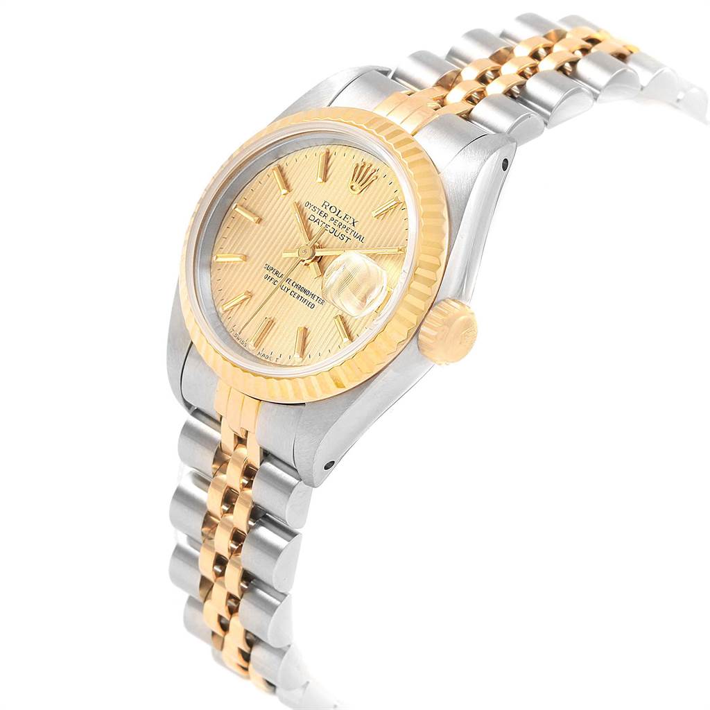 This image shows a Rolex Datejust 69173 Women's Stainless Steel Champagne Dial 69173 Women's Stainless Steel Champagne Dial watch at a slight diagonal angle, depicting the face, crown, bezel, and partially the bracelet.