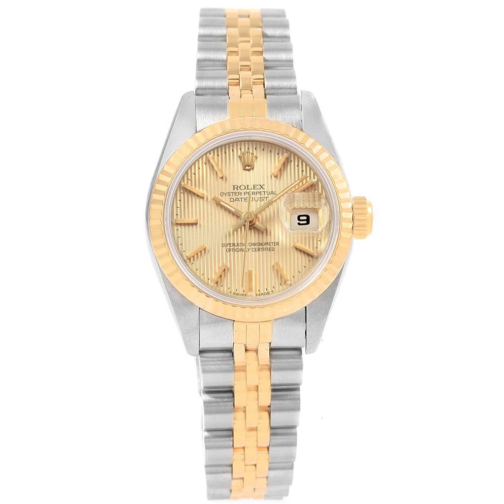 The image shows a frontal view of the Rolex Datejust 69173 Women's Stainless Steel Champagne Dial 69173 Women's Stainless Steel Champagne Dial watch, highlighting the face, bezel, and two-tone bracelet.