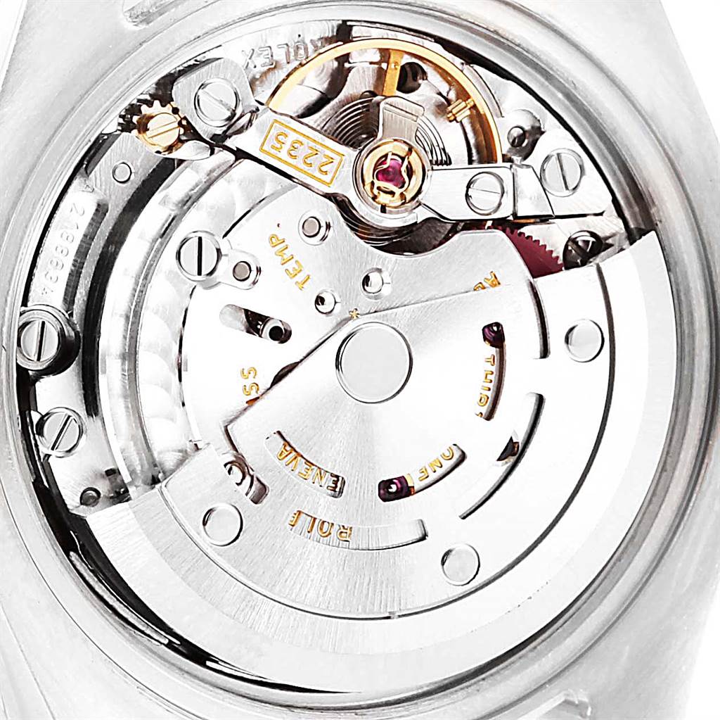 This image shows a close-up of the movement and internal mechanics of a Rolex Datejust 179313 Women's Stainless Steel Champagne Dial 179313 Women's Stainless Steel Champagne Dial watch.