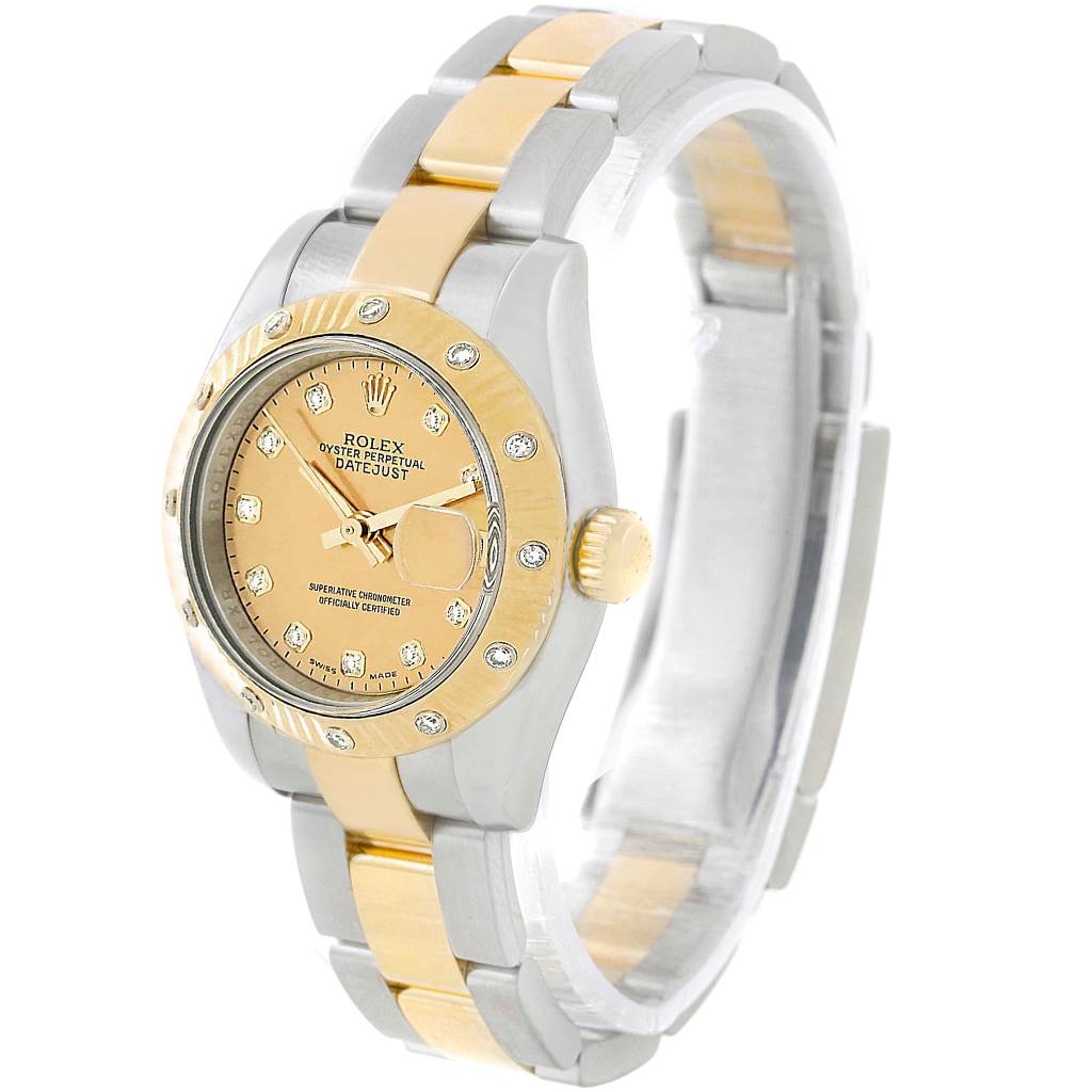 The image shows a side angle of the Rolex Datejust 179313 Women's Stainless Steel Champagne Dial 179313 Women's Stainless Steel Champagne Dial watch, highlighting its bezel, dial, crown, and two-tone bracelet.