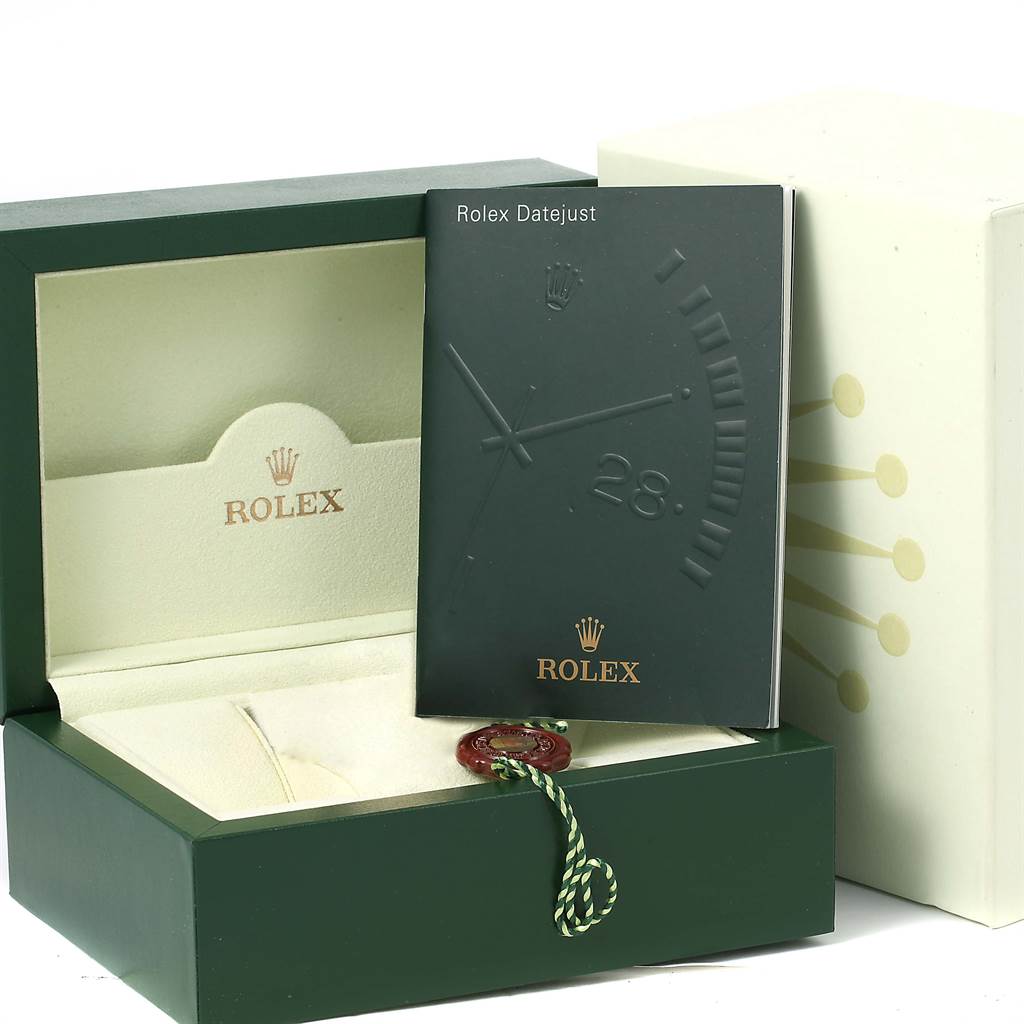 This image shows the Rolex Datejust 179313 Women's Stainless Steel Champagne Dial 179313 Women's Stainless Steel Champagne Dial watch box, manual, and a tag in a marketing shot.