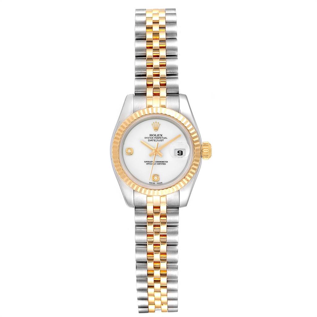 The Rolex Datejust 179173 Women's Steel and Gold (two tone) White Dial 179173 Women's Steel and Gold (two tone) White Dial watch is shown from a top-down angle, highlighting its white dial, fluted bezel, and two-tone bracelet.