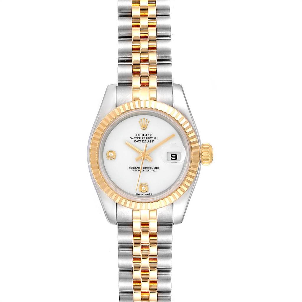 The image shows a front view of a Rolex Datejust 179173 Women's Steel and Gold (two tone) White Dial 179173 Women's Steel and Gold (two tone) White Dial watch, featuring its dial, bezel, case, and two-tone bracelet with a jubilee design.