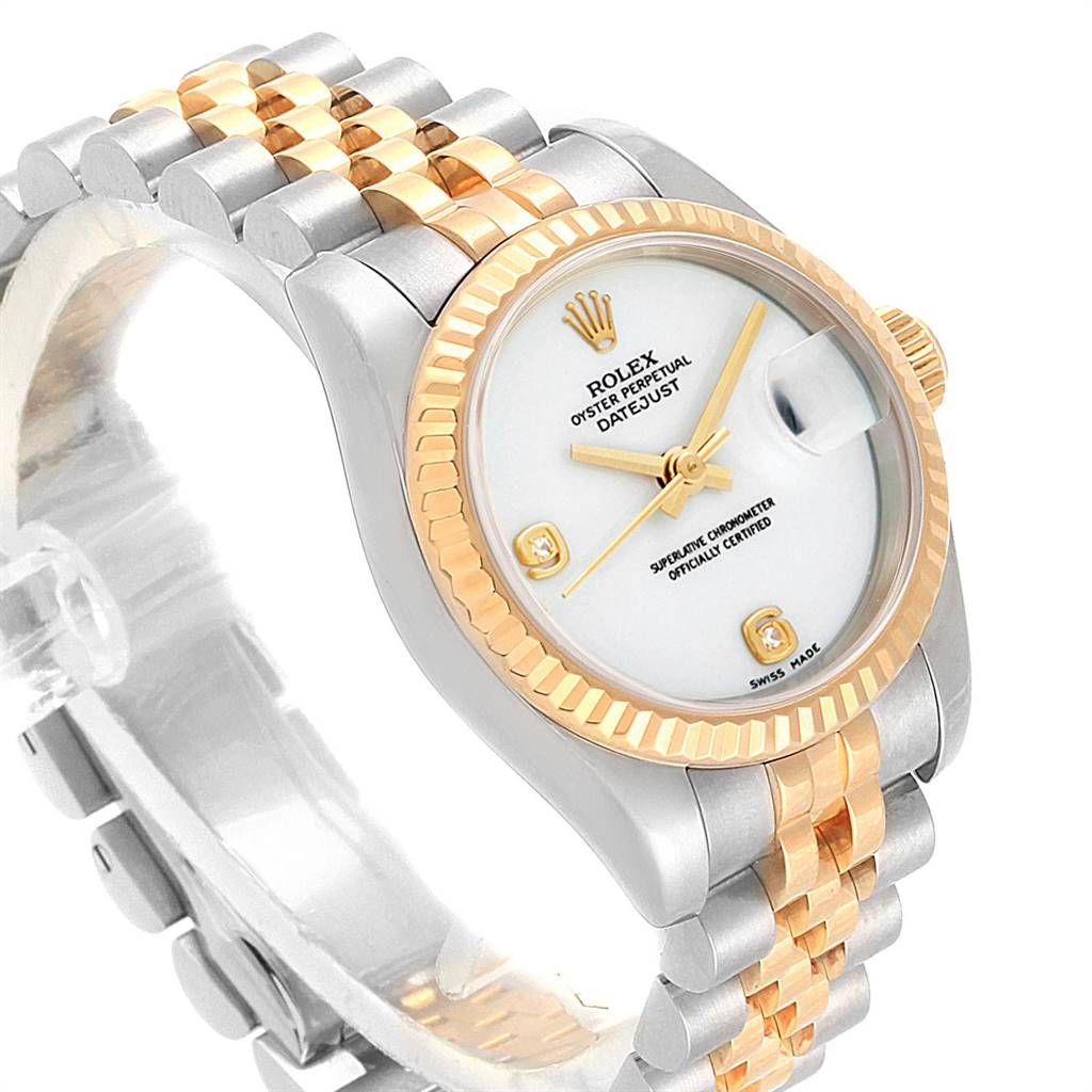 This image shows a Rolex Datejust 179173 Women's Steel and Gold (two tone) White Dial 179173 Women's Steel and Gold (two tone) White Dial watch from an angled perspective, highlighting the face, bezel, and two-tone bracelet.