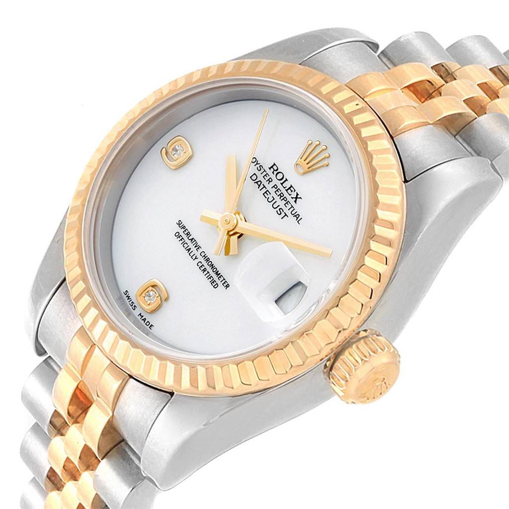 The Rolex Datejust 179173 Women's Steel and Gold (two tone) White Dial 179173 Women's Steel and Gold (two tone) White Dial watch is displayed at an angled view, showing the face, bezel, crown, and part of the bracelet.