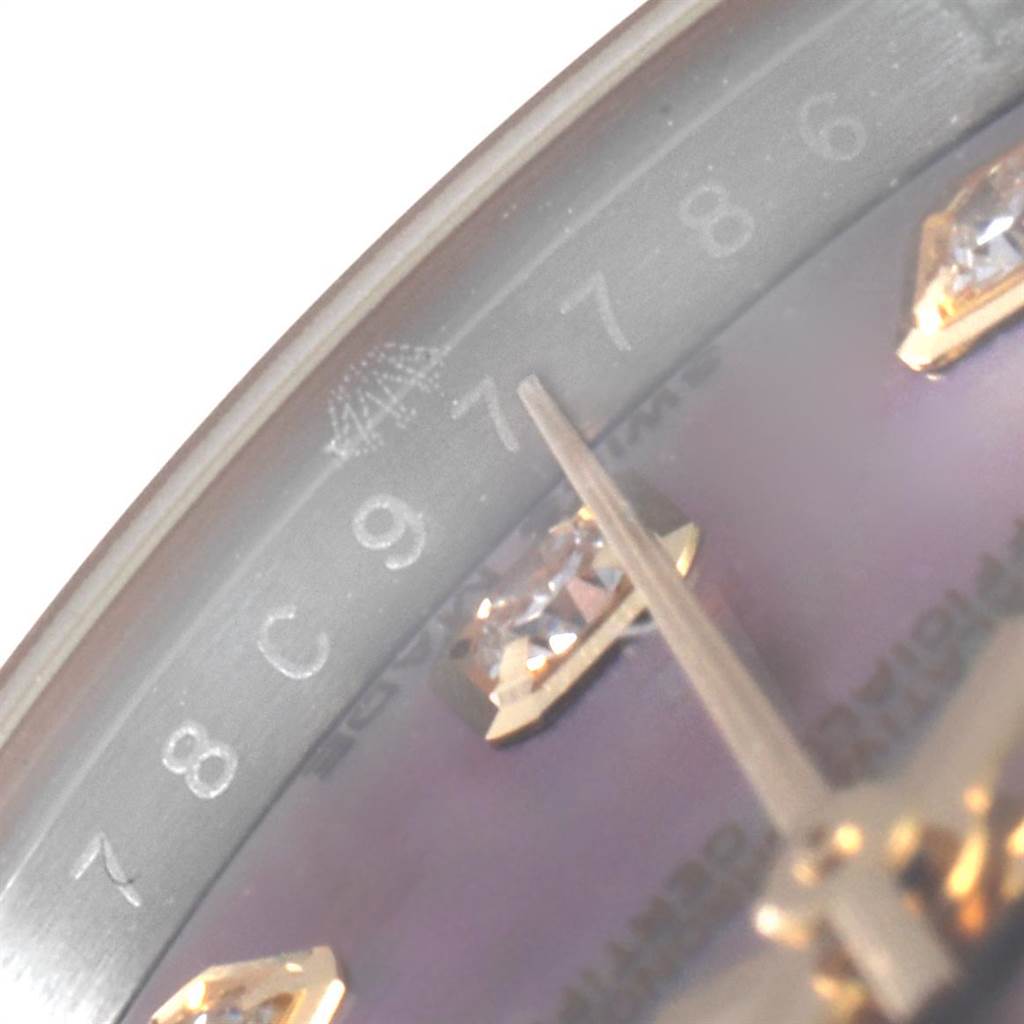 This close-up image shows the dial, including the markers and part of the hand, of a Rolex Datejust 179173 Women's Steel and Gold (two tone) Mother of Pearl Dial 179173 Women's Steel and Gold (two tone) Mother of Pearl Dial watch.