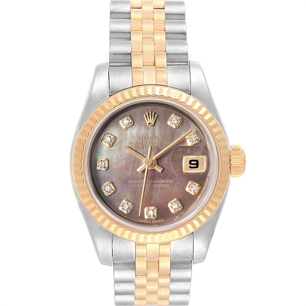 This image shows a front view of a Rolex Datejust 179173 Women's Steel and Gold (two tone) Mother of Pearl Dial 179173 Women's Steel and Gold (two tone) Mother of Pearl Dial watch, featuring a two-tone bracelet, and a pink dial with diamond hour markers.