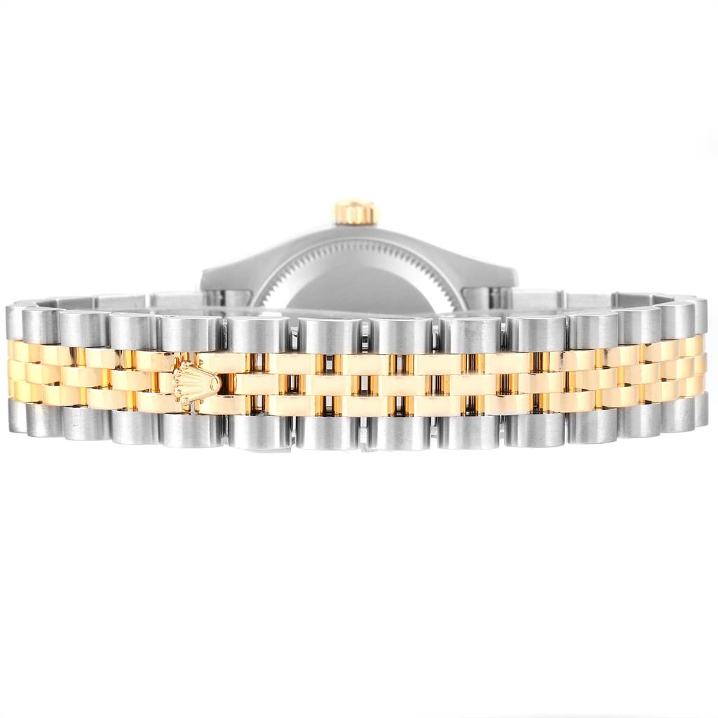 The image shows the back view of a Rolex Datejust 179173 Women's Steel and Gold (two tone) Mother of Pearl Dial 179173 Women's Steel and Gold (two tone) Mother of Pearl Dial watch, highlighting its two-tone Jubilee bracelet.