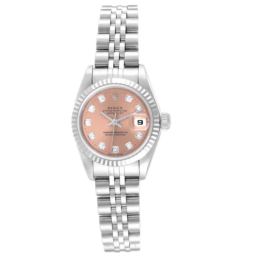 The image shows a frontal view of the Rolex Datejust 79174 Women
s Stainless Steel Pink Dial 79174 Women
s Stainless Steel Pink Dial watch with a pink dial and stainless steel Jubilee bracelet.
