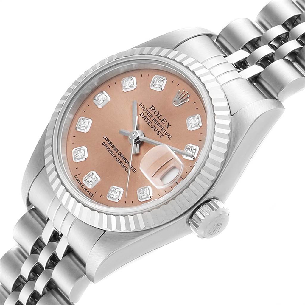 This image shows a Rolex Datejust 79174 Women
s Stainless Steel Pink Dial 79174 Women
s Stainless Steel Pink Dial watch at an angled view, highlighting the dial, bezel, bracelet, and crown.