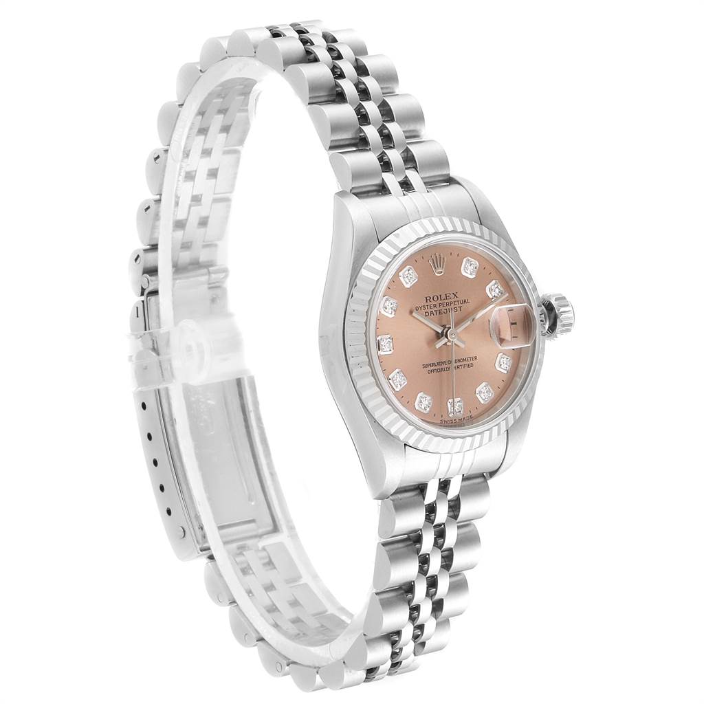 This image shows a side angle view of a Rolex Datejust 79174 Women
s Stainless Steel Pink Dial 79174 Women
s Stainless Steel Pink Dial watch highlighting its dial, bezel, crown, and bracelet.