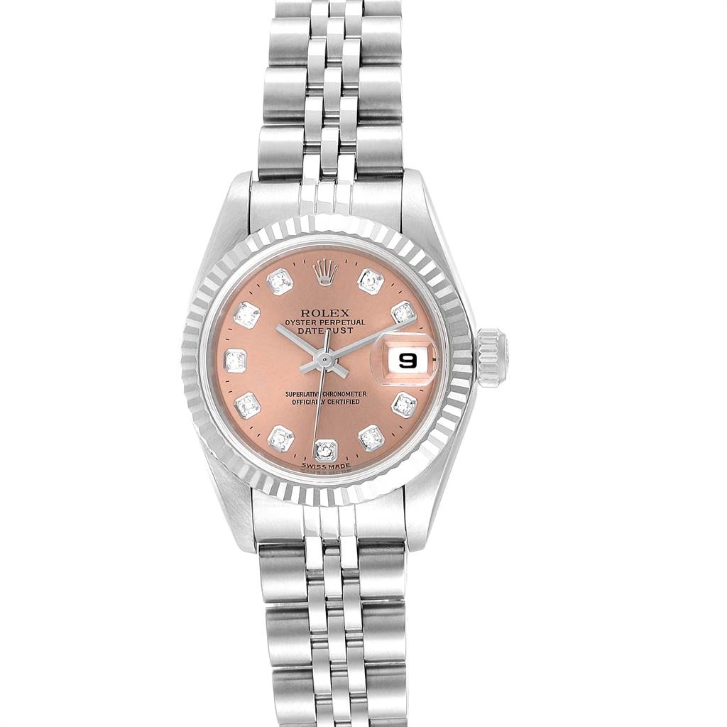 This image shows a frontal view of a Rolex Datejust 79174 Women
s Stainless Steel Pink Dial 79174 Women
s Stainless Steel Pink Dial watch with a pink dial and a Jubilee bracelet.
