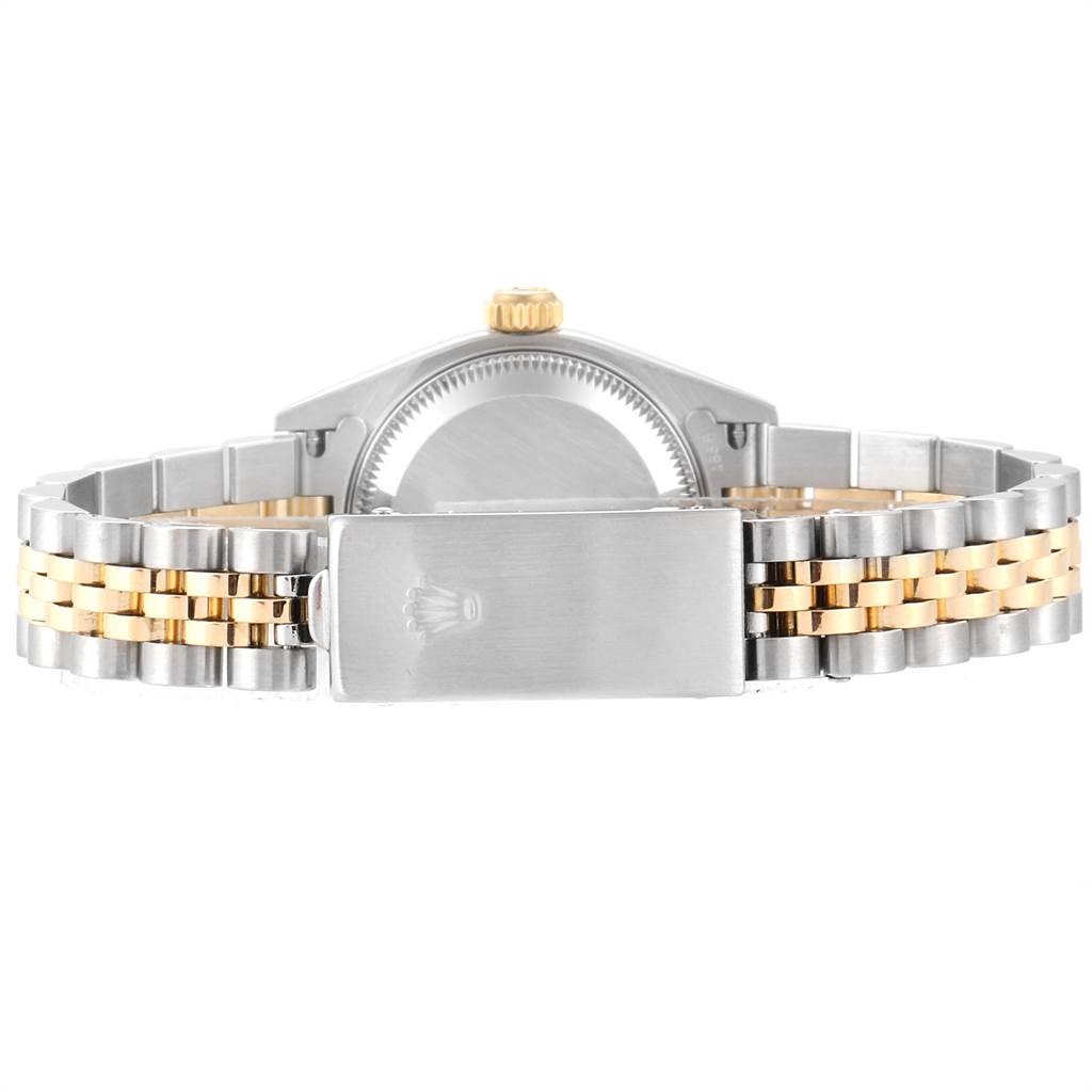 The image shows the back view of a Rolex Datejust 79173 Women's Stainless Steel Silver Dial 79173 Women's Stainless Steel Silver Dial watch, highlighting the case, crown, and jubilee bracelet with a clasp.