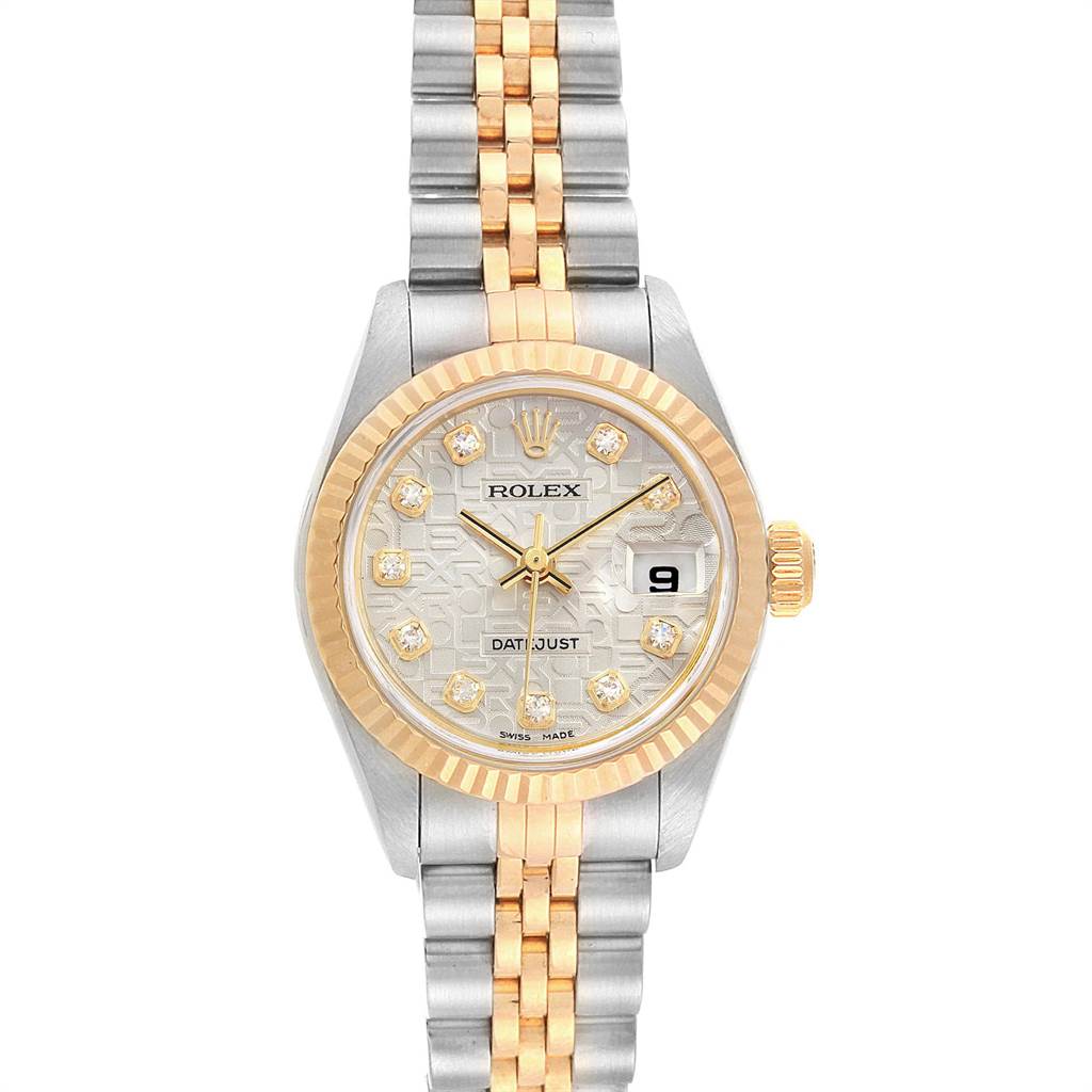 This image shows a front view of the Rolex Datejust 79173 Women's Stainless Steel Silver Dial 79173 Women's Stainless Steel Silver Dial watch, highlighting the dial, bezel, crown, and two-tone bracelet.