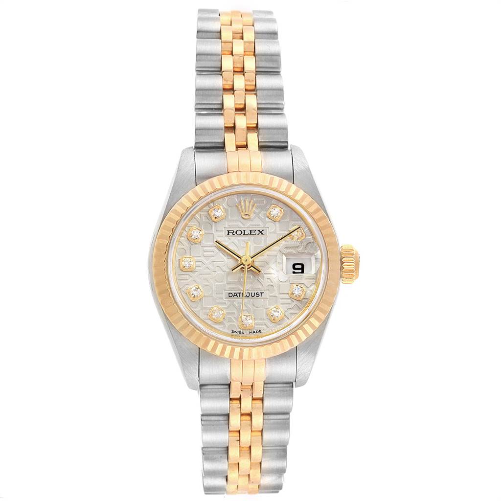The image shows a front view of a Rolex Datejust 79173 Women's Stainless Steel Silver Dial 79173 Women's Stainless Steel Silver Dial watch, highlighting its two-tone bracelet, bezel, and dial with date display.