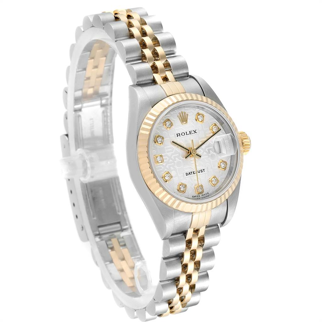 The image features a Rolex Datejust 79173 Women's Stainless Steel Silver Dial 79173 Women's Stainless Steel Silver Dial watch angled to show the face, crown, and two-tone bracelet.