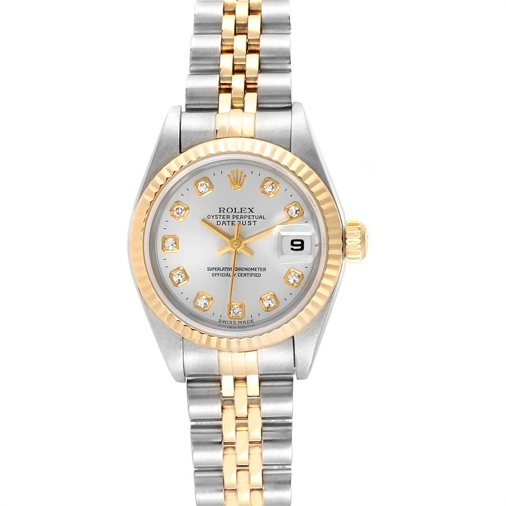 The image shows a front view of a Rolex Datejust 79173 Women's Stainless Steel Silver Dial 79173 Women's Stainless Steel Silver Dial watch with a two-tone bracelet and diamond hour markers.