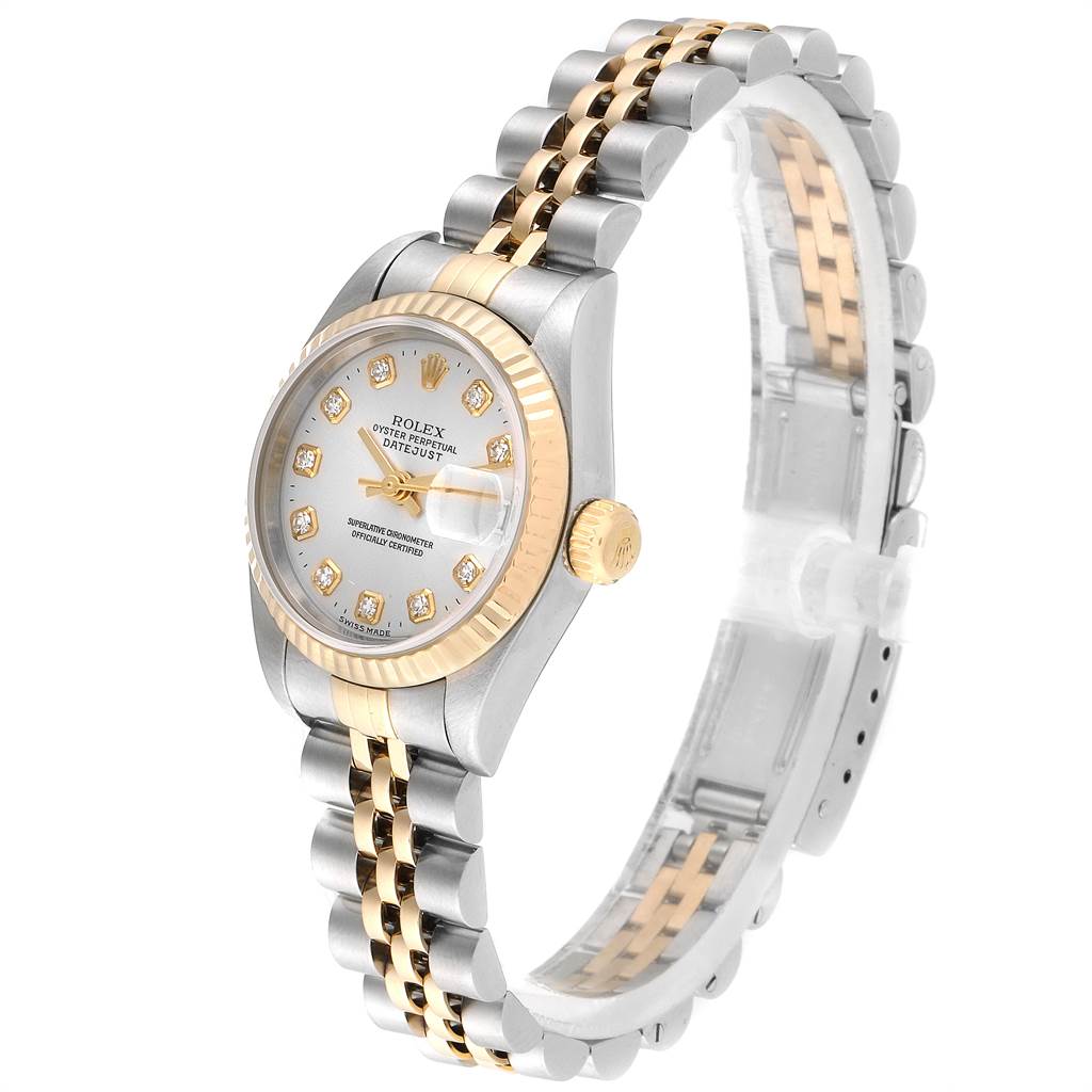 The image shows a Rolex Datejust 79173 Women's Stainless Steel Silver Dial 79173 Women's Stainless Steel Silver Dial watch at an angle displaying its face, bezel, crown, and two-tone bracelet.