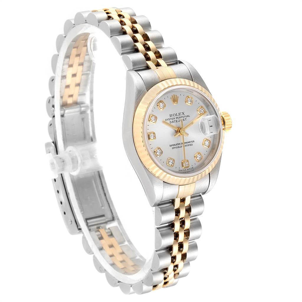 The image shows a Rolex Datejust 79173 Women's Stainless Steel Silver Dial 79173 Women's Stainless Steel Silver Dial watch at a three-quarter angle, displaying the dial, bezel, and bracelet.
