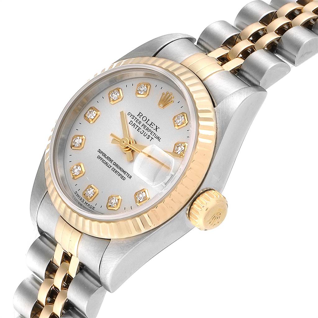 The image shows a Rolex Datejust 79173 Women's Stainless Steel Silver Dial 79173 Women's Stainless Steel Silver Dial watch at an angled close-up, highlighting the face, bezel, crown, and part of the bracelet.