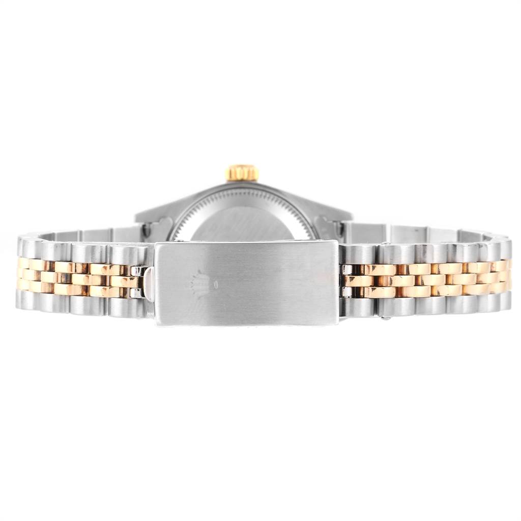 This image shows the back view of the Rolex Datejust 79173 Women's Stainless Steel Silver Dial 79173 Women's Stainless Steel Silver Dial watch, highlighting its clasp and two-tone bracelet.