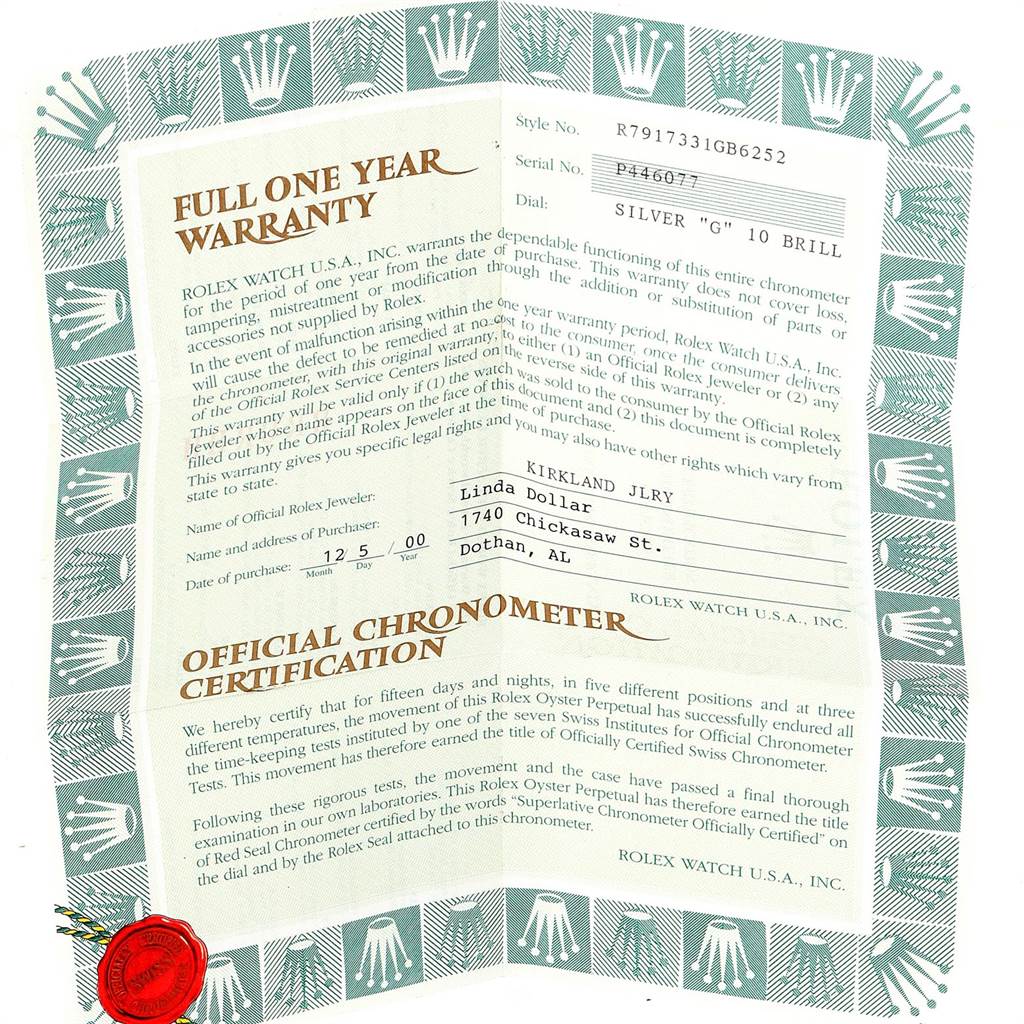 This image shows a warranty card and certification for a Rolex Datejust 79173 Women's Stainless Steel Silver Dial 79173 Women's Stainless Steel Silver Dial watch.