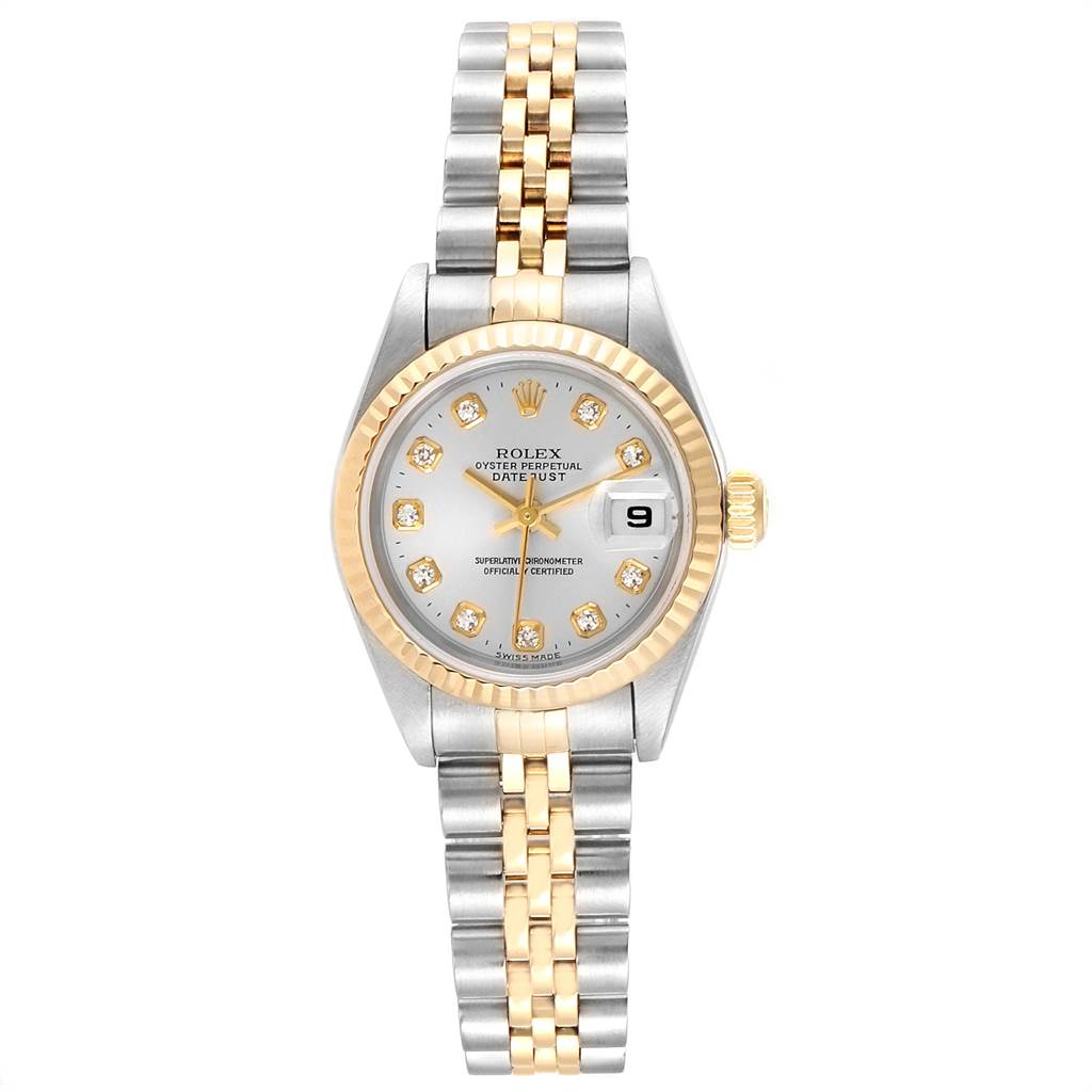 This image shows a Rolex Datejust 79173 Women's Stainless Steel Silver Dial 79173 Women's Stainless Steel Silver Dial watch from a top-down angle, highlighting the dial, bezel, and two-tone bracelet.