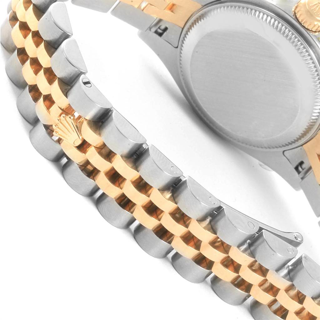 The image shows a close-up of the back case and metal bracelet of a Rolex Datejust 179383 Women's Steel and Gold (two tone) Mother of Pearl Dial 179383 Women's Steel and Gold (two tone) Mother of Pearl Dial watch, featuring a two-tone design.