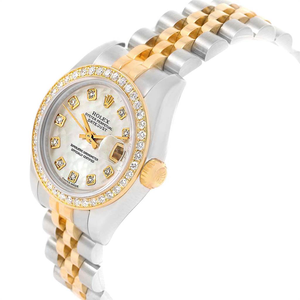 The image shows a Rolex Datejust 179383 Women's Steel and Gold (two tone) Mother of Pearl Dial 179383 Women's Steel and Gold (two tone) Mother of Pearl Dial watch at a slight side angle, highlighting the dial, bezel, crown, and part of the bracelet.