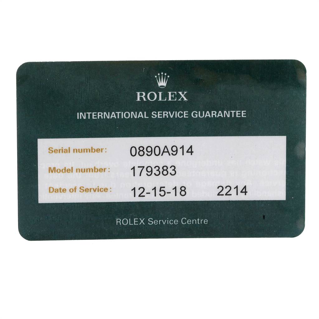 The image shows a Rolex International Service Guarantee card for the Datejust model 179383.