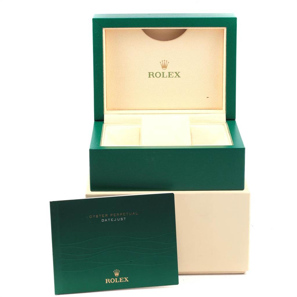 The image shows an open Rolex Datejust 179383 Women's Steel and Gold (two tone) Mother of Pearl Dial 179383 Women's Steel and Gold (two tone) Mother of Pearl Dial watch box along with its accompanying booklet.