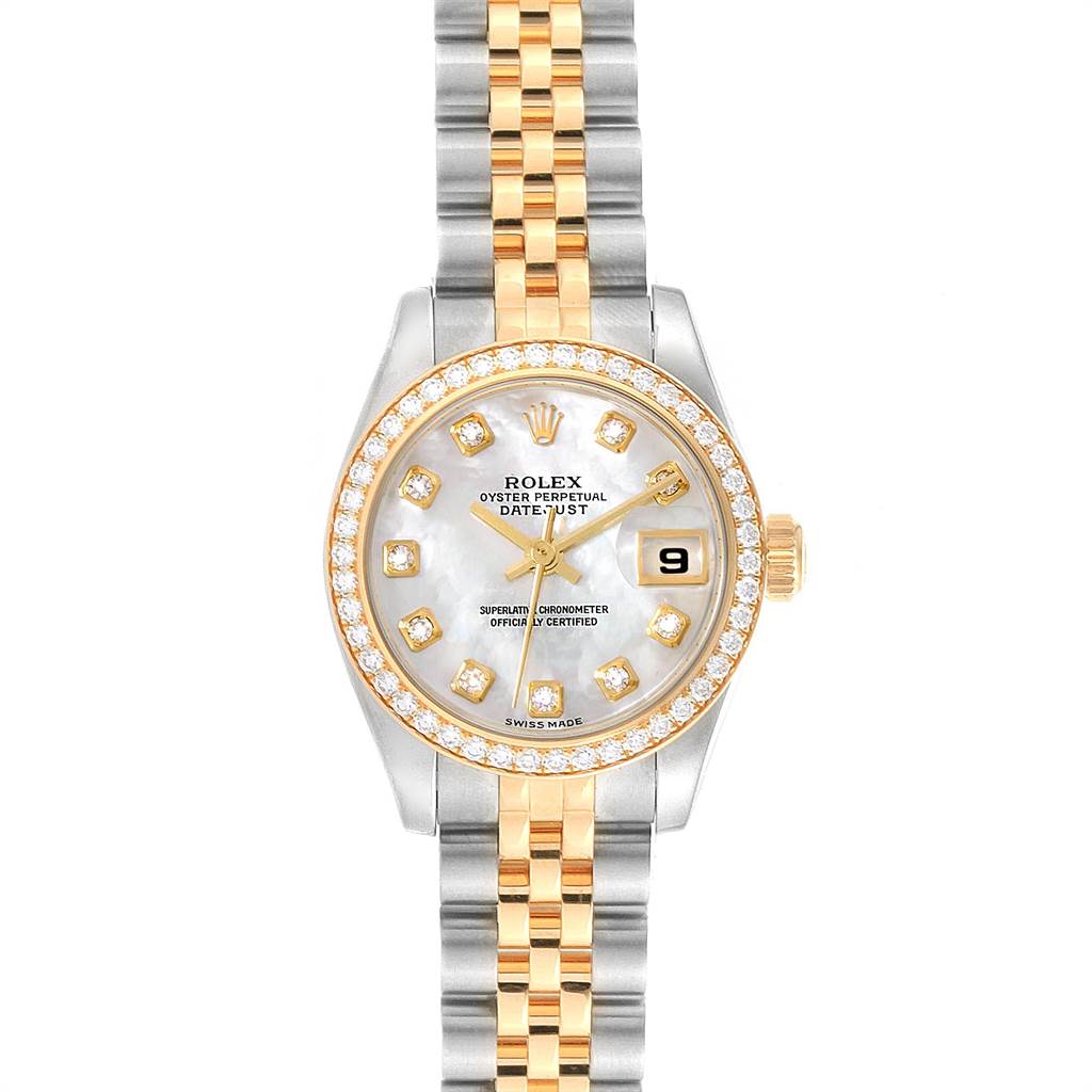 This image shows a Rolex Datejust 179383 Women's Steel and Gold (two tone) Mother of Pearl Dial 179383 Women's Steel and Gold (two tone) Mother of Pearl Dial watch from a front angle, highlighting its face, bezel, and bracelet.
