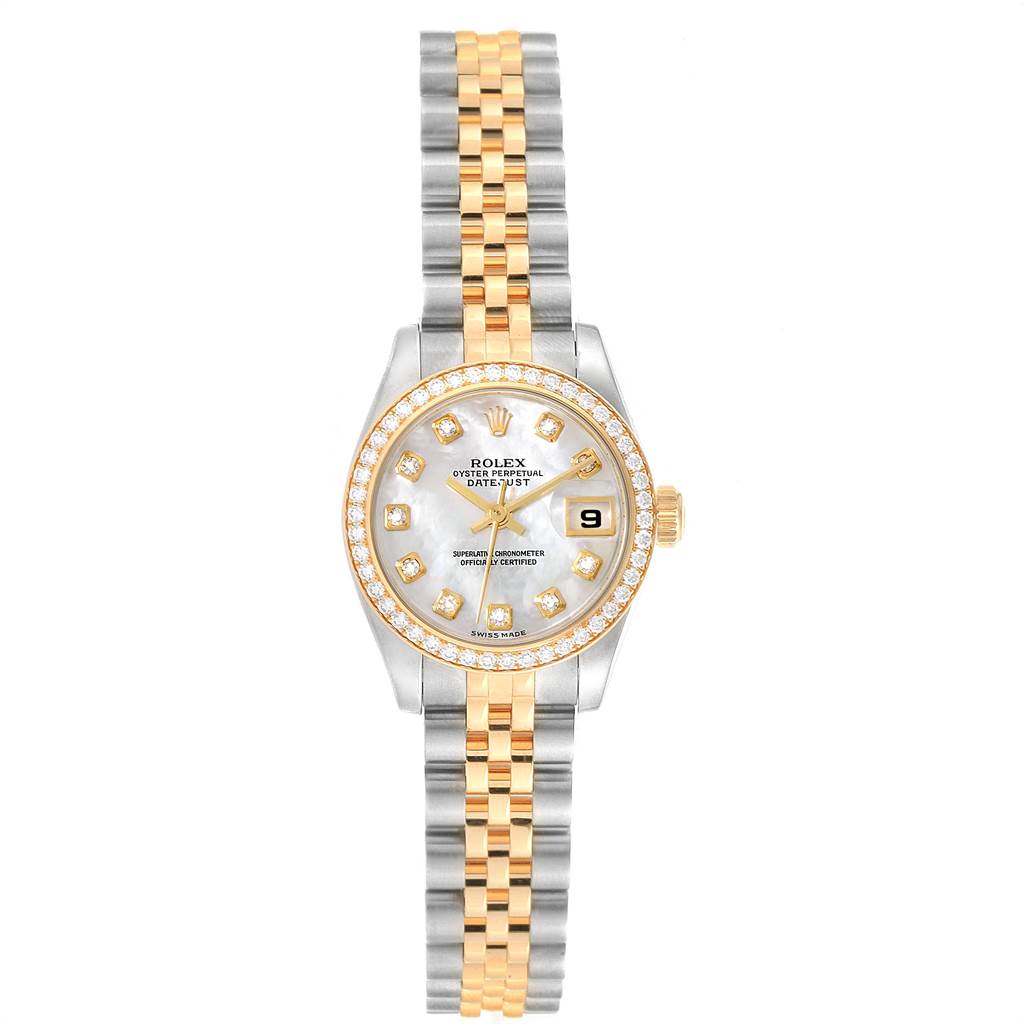 This image shows a front view of a Rolex Datejust 179383 Women's Steel and Gold (two tone) Mother of Pearl Dial 179383 Women's Steel and Gold (two tone) Mother of Pearl Dial watch with a two-tone bracelet and diamond-studded bezel and dial.