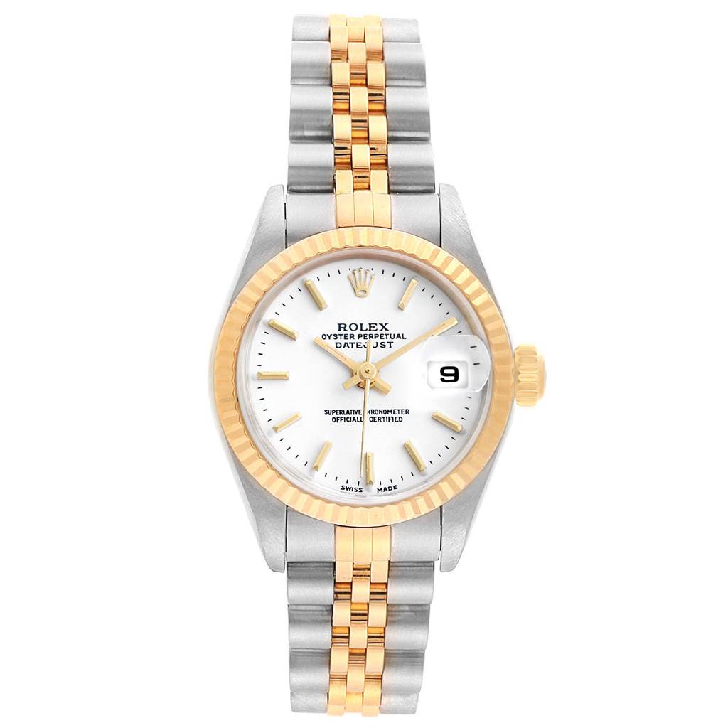 The Rolex Datejust 79173 Women
s Steel and Gold (two tone) White Dial 79173 Women
s Steel and Gold (two tone) White Dial model watch is shown from a top-down angle, displaying its face, bezel, and band.