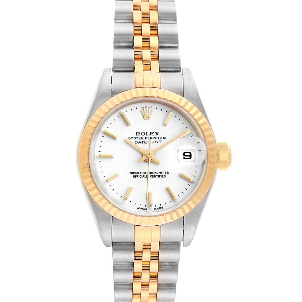 The image shows a front view of a Rolex Datejust 79173 Women
s Steel and Gold (two tone) White Dial 79173 Women
s Steel and Gold (two tone) White Dial watch, highlighting the dial, bezel, and bracelet.