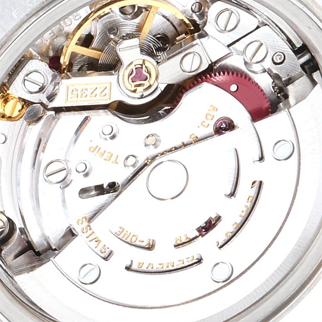 This image shows the intricate inner movement mechanism of a Rolex Datejust 79173 Women
s Steel and Gold (two tone) White Dial 79173 Women
s Steel and Gold (two tone) White Dial watch from a top-down angle.
