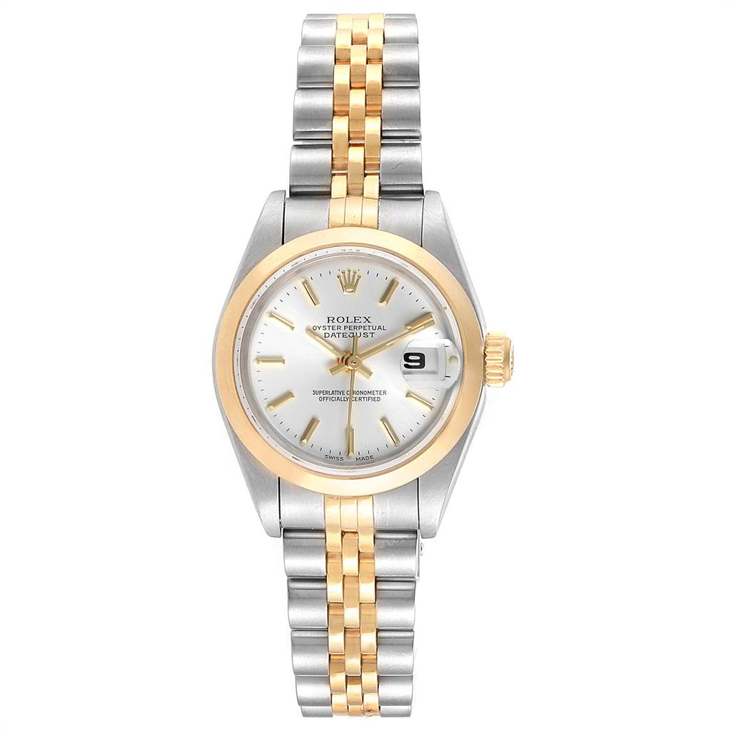 This image shows a front view of a Rolex Datejust 79163 Women's Steel and Gold (two tone) Silver Dial 79163 Women's Steel and Gold (two tone) Silver Dial watch, displaying its dual-tone bracelet, dial, and date feature.