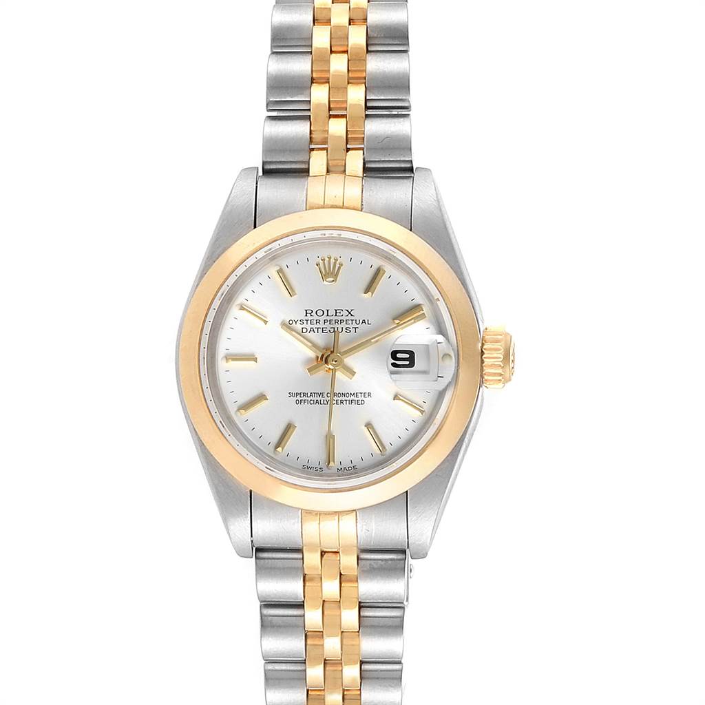 The image shows a front view of a Rolex Datejust 79163 Women's Steel and Gold (two tone) Silver Dial 79163 Women's Steel and Gold (two tone) Silver Dial watch, displaying the face, bezel, and part of the band.