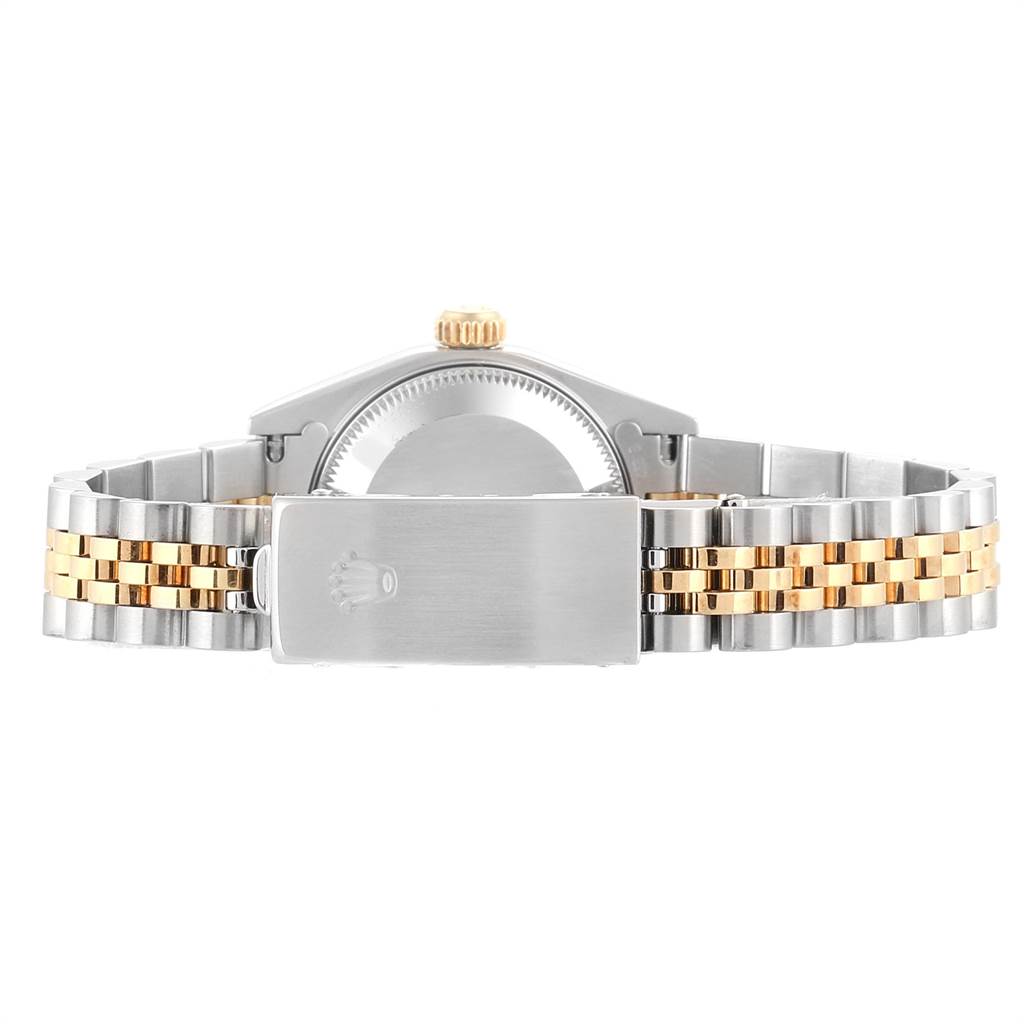 The image shows the back of a Rolex Datejust 79163 Women's Steel and Gold (two tone) Silver Dial 79163 Women's Steel and Gold (two tone) Silver Dial watch, highlighting its clasp and two-tone bracelet.