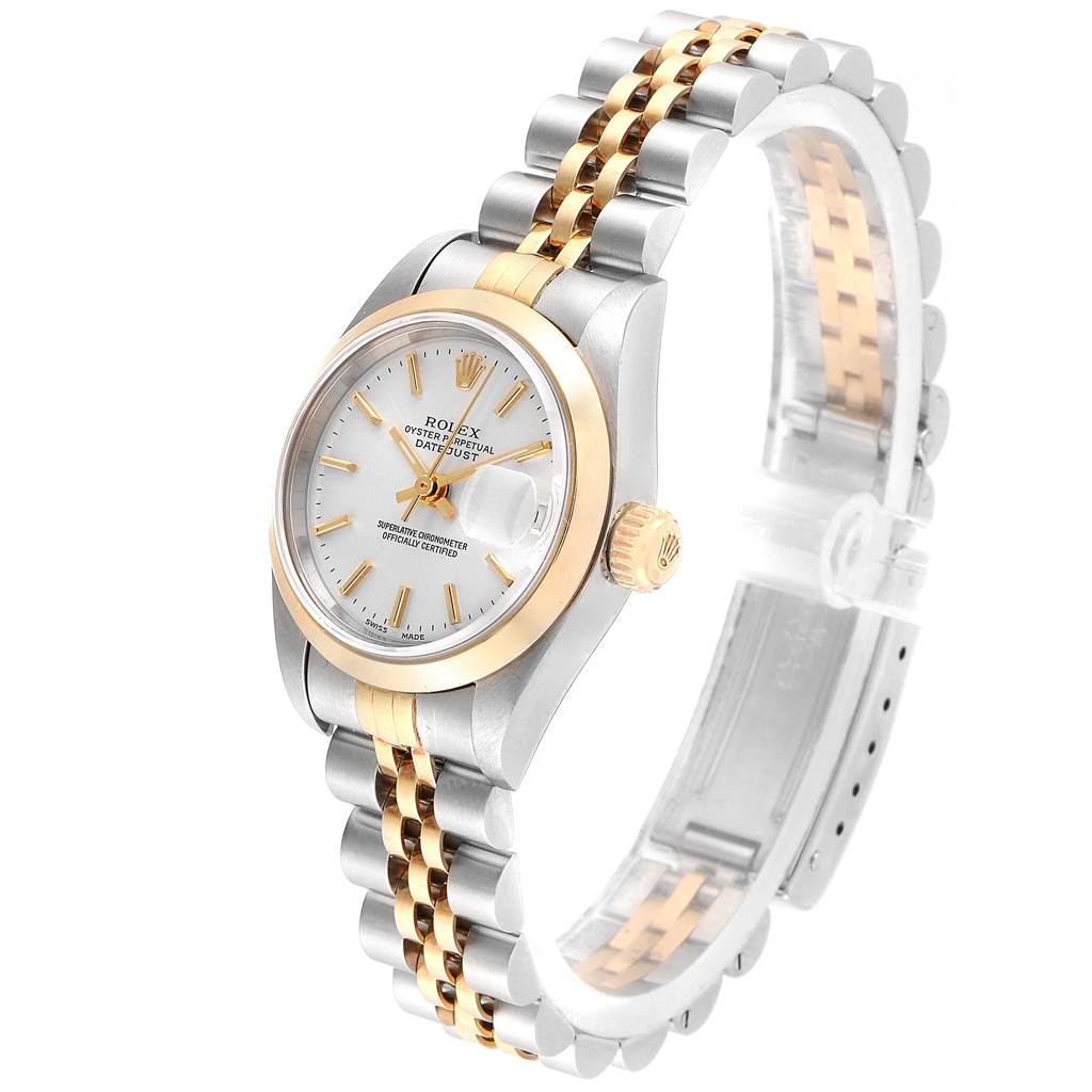 The image shows a Rolex Datejust 79163 Women's Steel and Gold (two tone) Silver Dial 79163 Women's Steel and Gold (two tone) Silver Dial watch at an angled view, highlighting the dial, bezel, crown, and bracelet.
