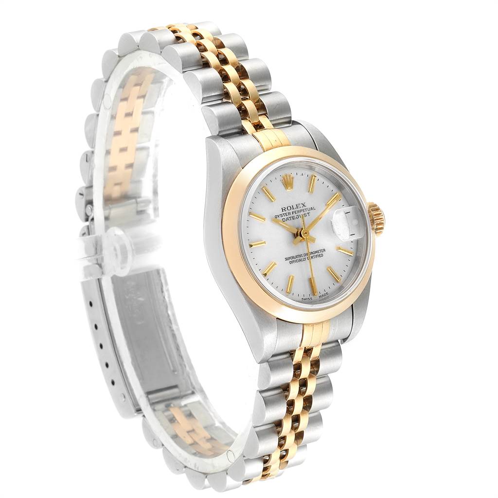 The image shows a Rolex Datejust 79163 Women's Steel and Gold (two tone) Silver Dial 79163 Women's Steel and Gold (two tone) Silver Dial watch at a side angle, highlighting its two-tone bracelet and white dial.