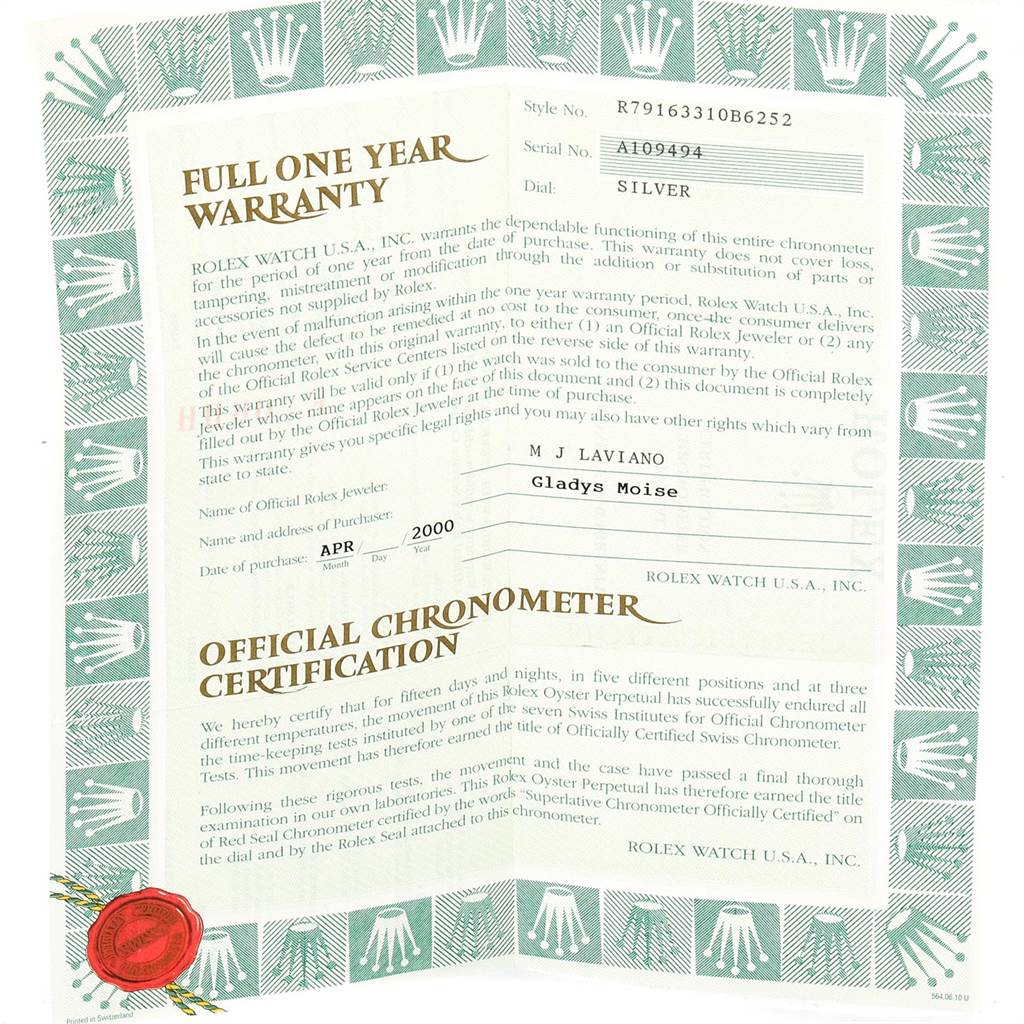 This is the warranty and chronometer certification for a Rolex Datejust 79163 Women's Steel and Gold (two tone) Silver Dial 79163 Women's Steel and Gold (two tone) Silver Dial model.