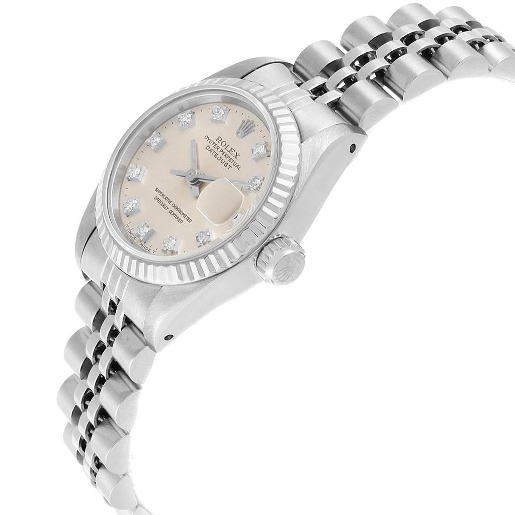 The image shows the Rolex Datejust 69174 Stainless Steel Silver Dial 69174 Stainless Steel Silver Dial watch at a slight side angle, highlighting its dial, bezel, crown, and metal bracelet.