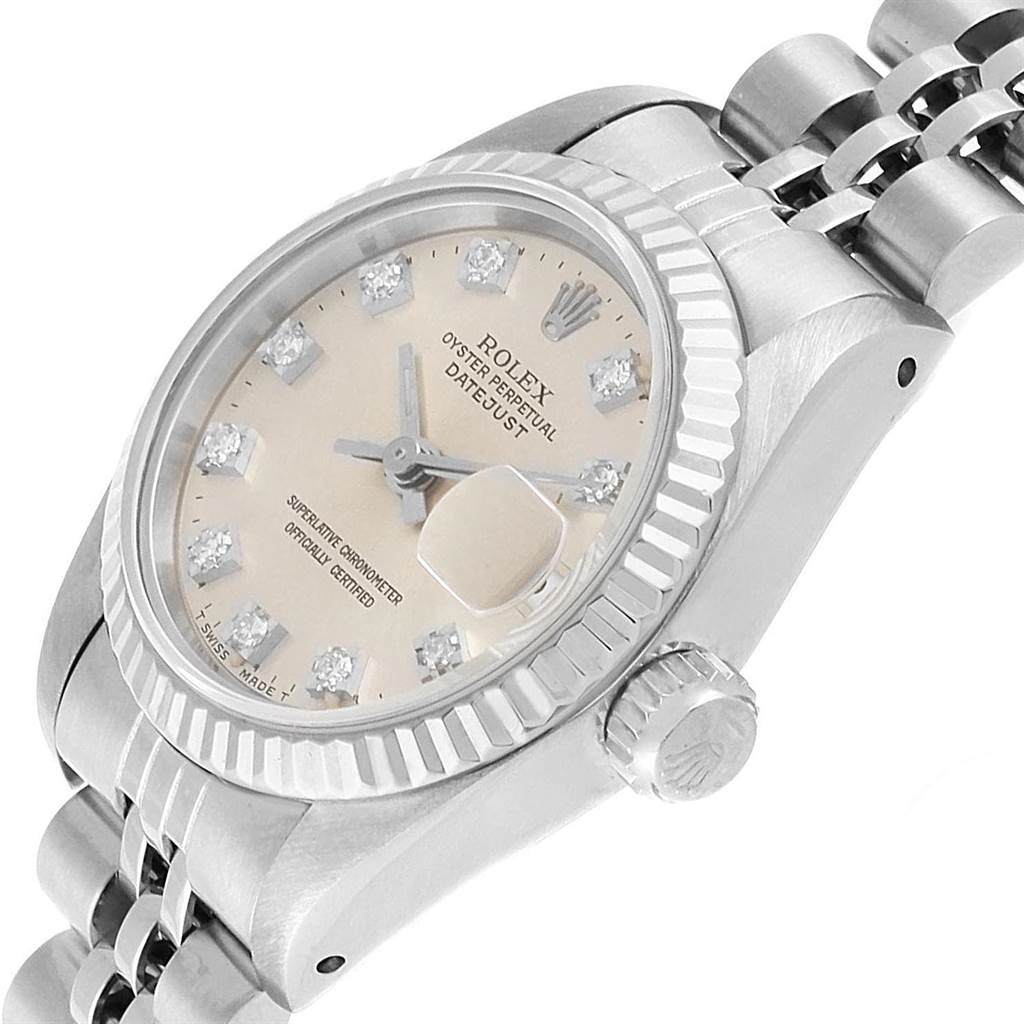 This is a close-up angled view of a Rolex Datejust 69174 Stainless Steel Silver Dial 69174 Stainless Steel Silver Dial watch showing the dial, bezel, crown, and part of the bracelet.