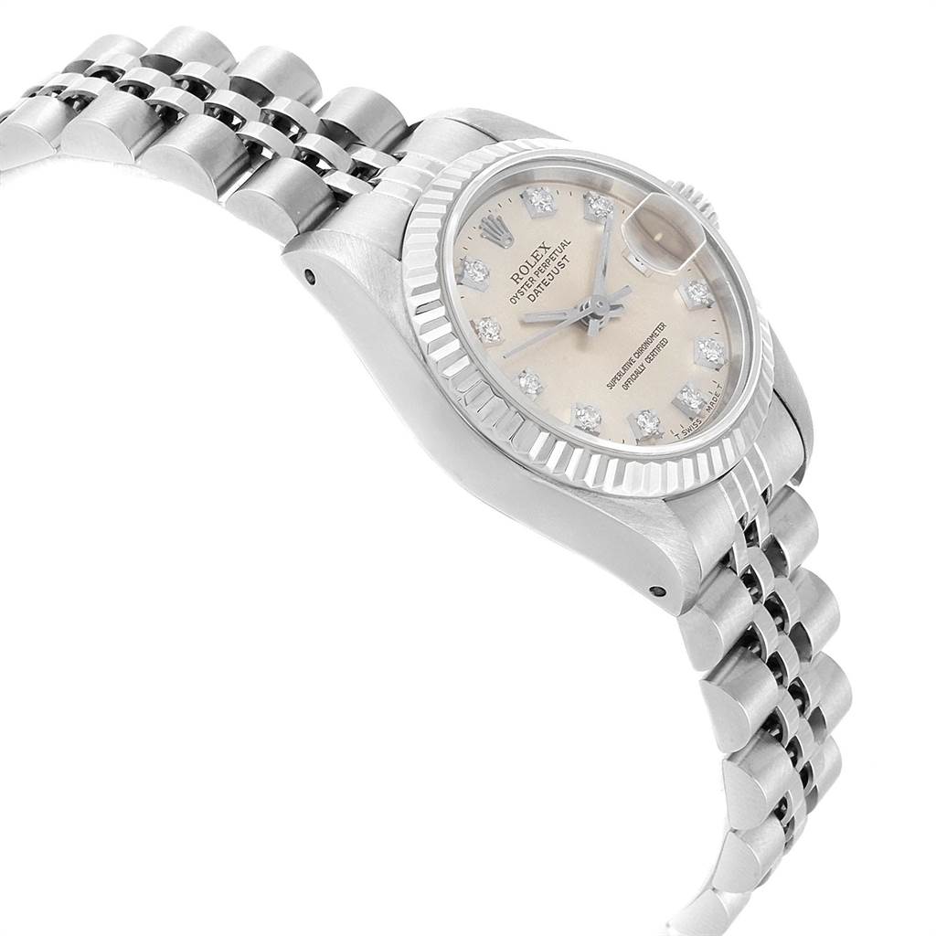 This image shows a Rolex Datejust 69174 Stainless Steel Silver Dial 69174 Stainless Steel Silver Dial watch at an angle, highlighting the face, bezel, and part of the bracelet.