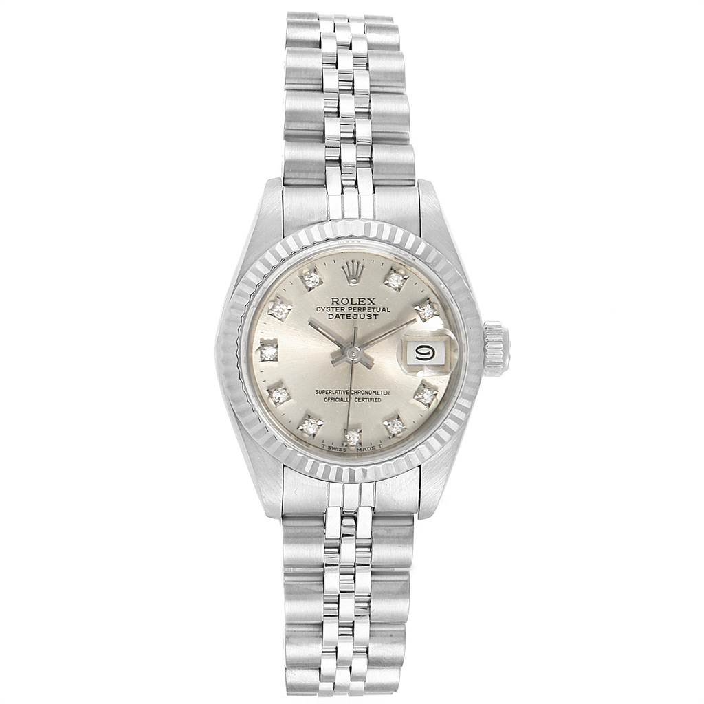 The image shows a front view of a Rolex Datejust 69174 Stainless Steel Silver Dial 69174 Stainless Steel Silver Dial watch, displaying its dial, bracelet, and date window.